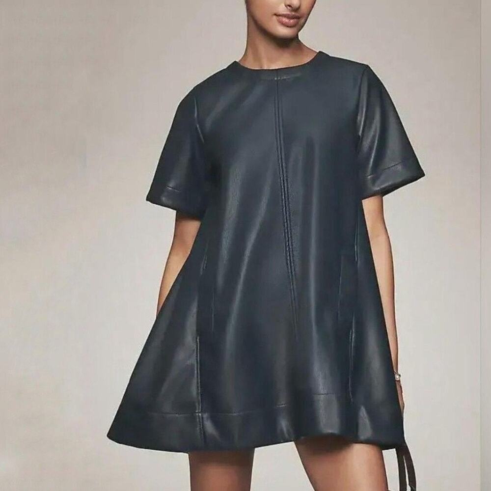 Maeve Emmy Navy Faux Leather A Line Mini Swing Dress XS NWT